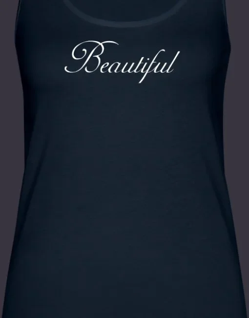 Image of a navy blue tank top with the word "Beautiful" on it