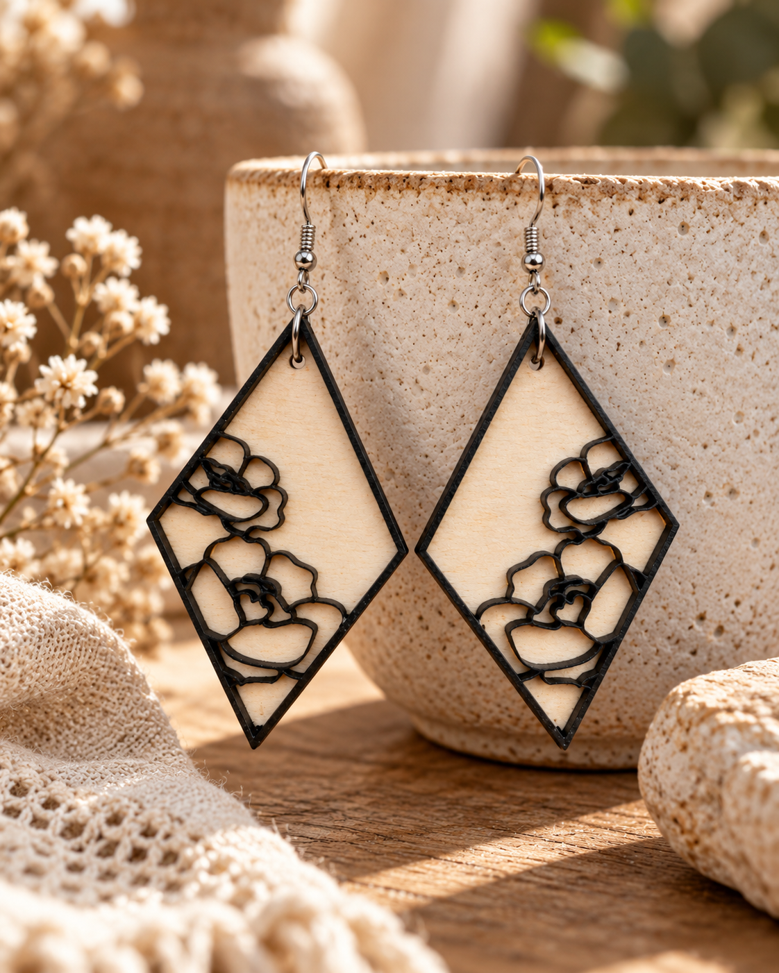 Shadow Bloom Layered Wood Earrings
