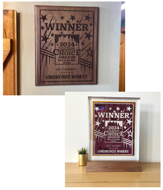 Engraved wooden plaque/trophy and engraved crystal and marble trophy