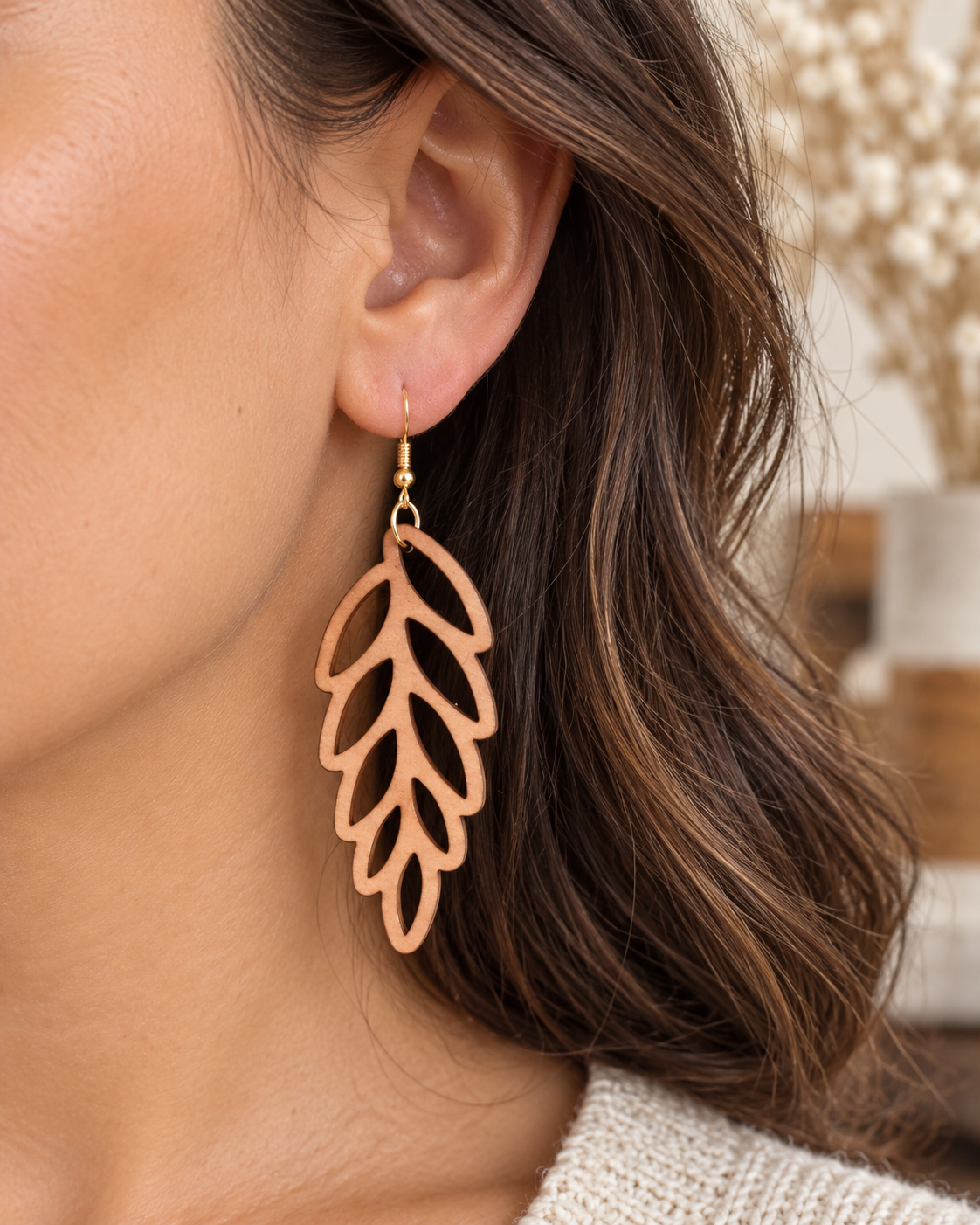 Pecan Leaf Wood Earrings