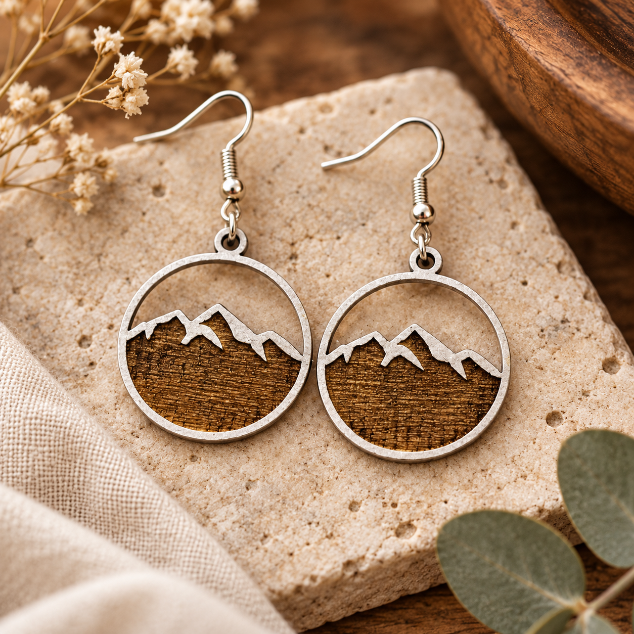 Wooden Engraved Mountain Earrings