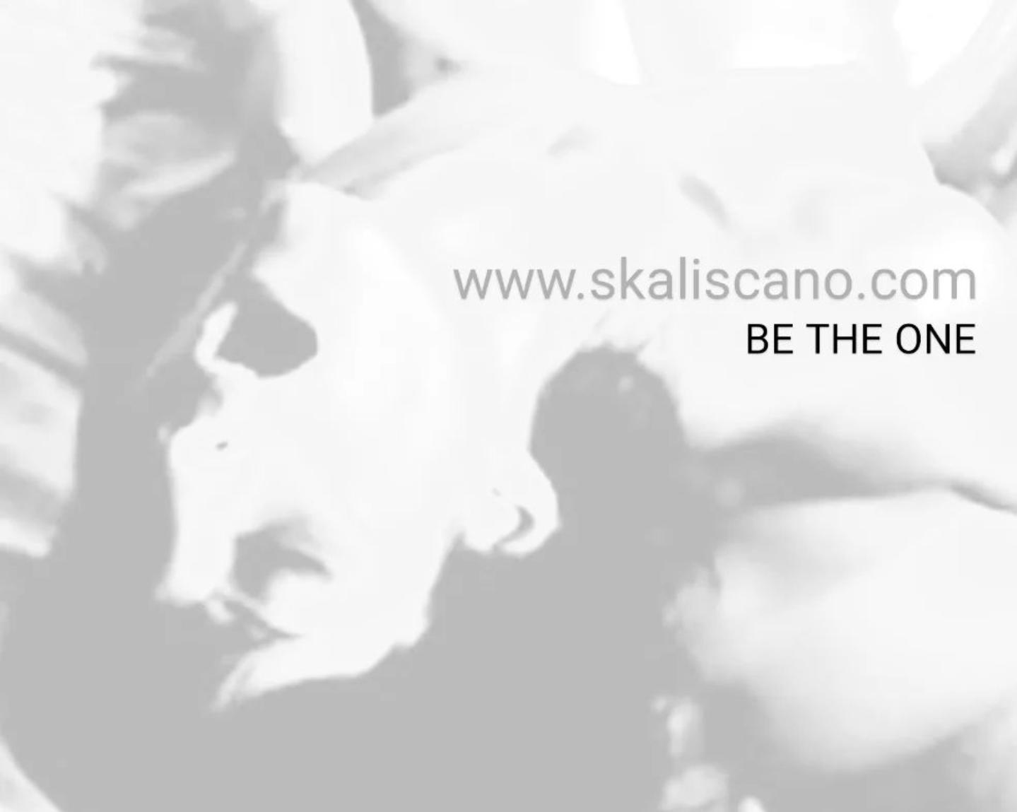 Black and white image of a person's face with the text 'www.skaliscano.com BE THE ONE' overlaid.