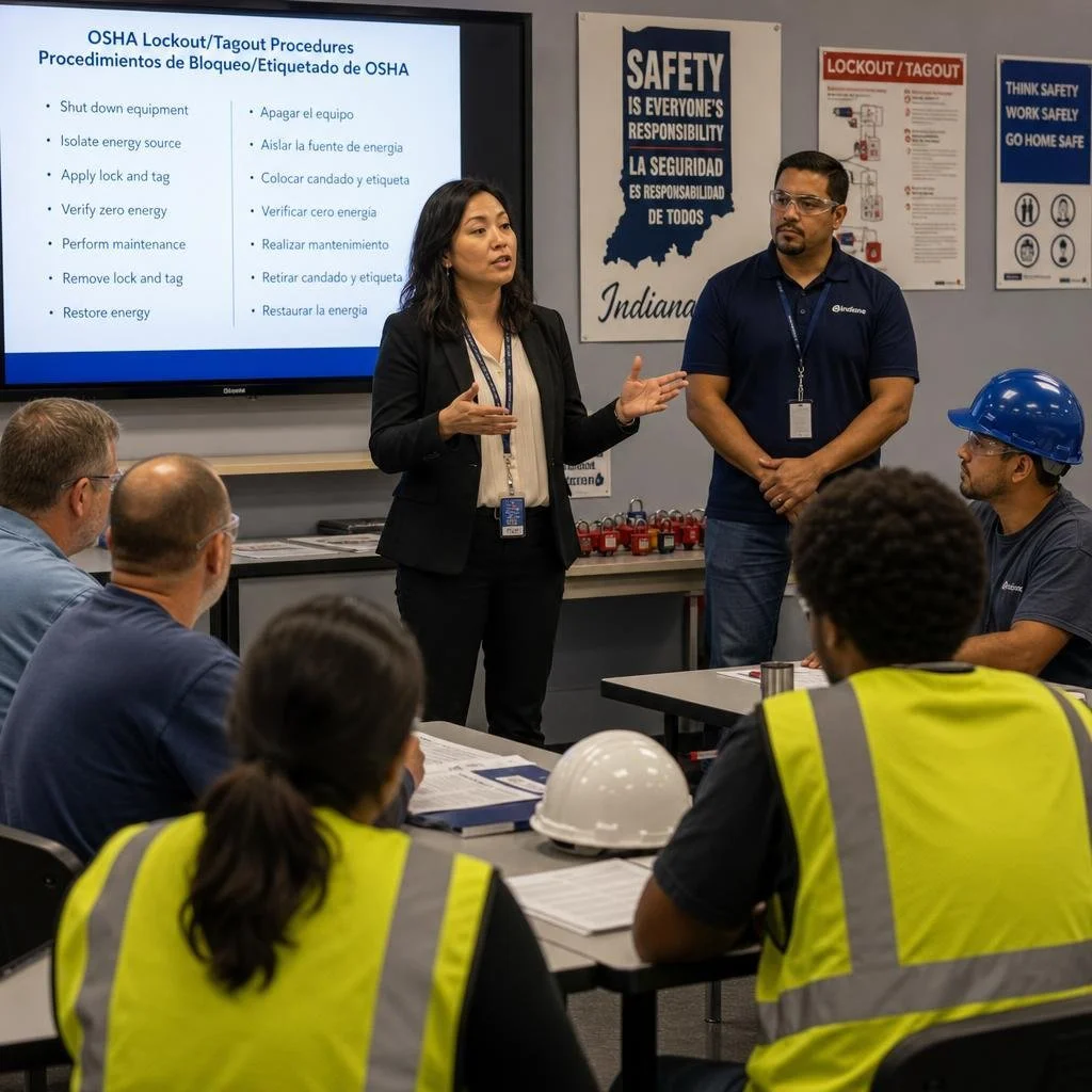 OSHA safety training interpreter Indiana explaining lockout tagout