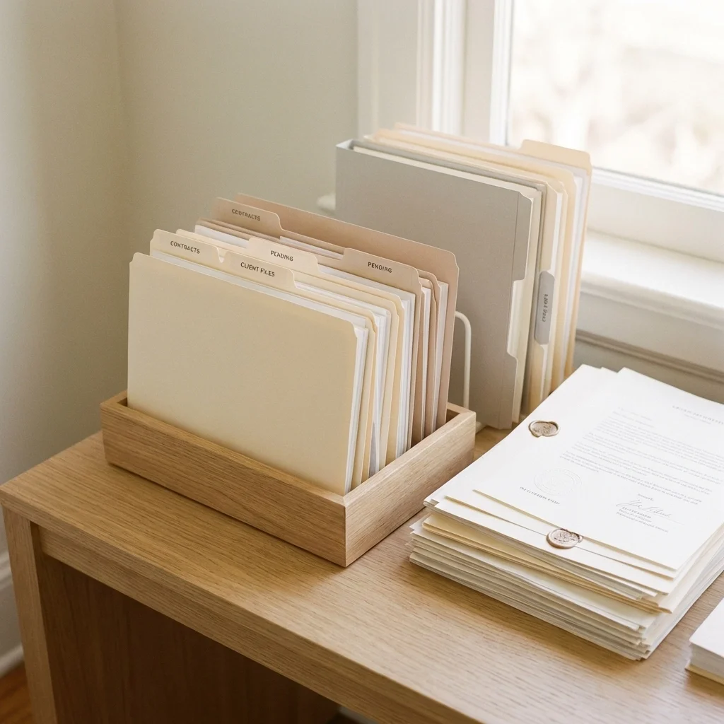 Legal document translation Illinois workflow showing organized legal files and certified documents prepared for court or client use