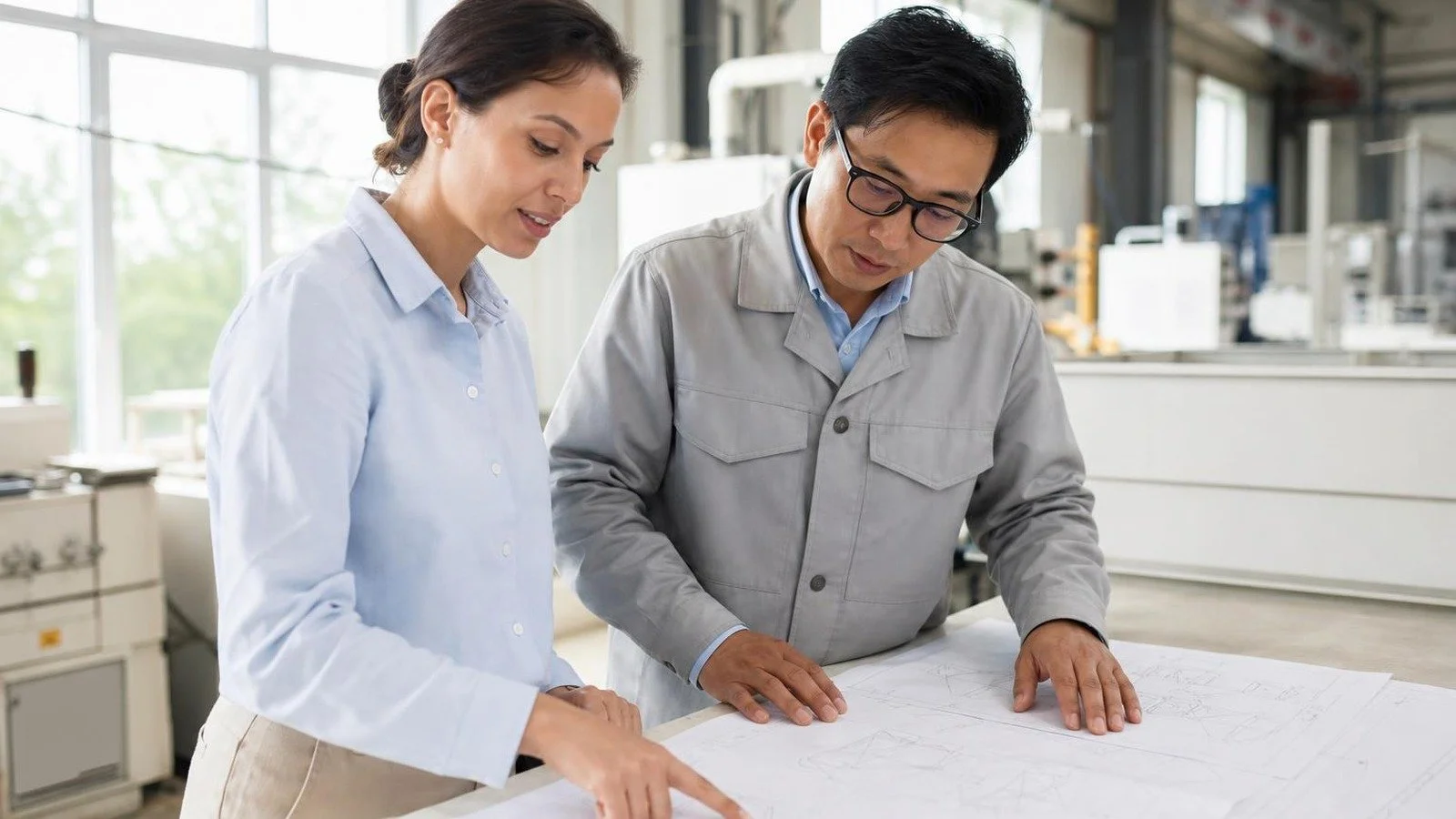 Manufacturing language professional reviewing clear diagrams and visual work instructions with an Indiana process engineer