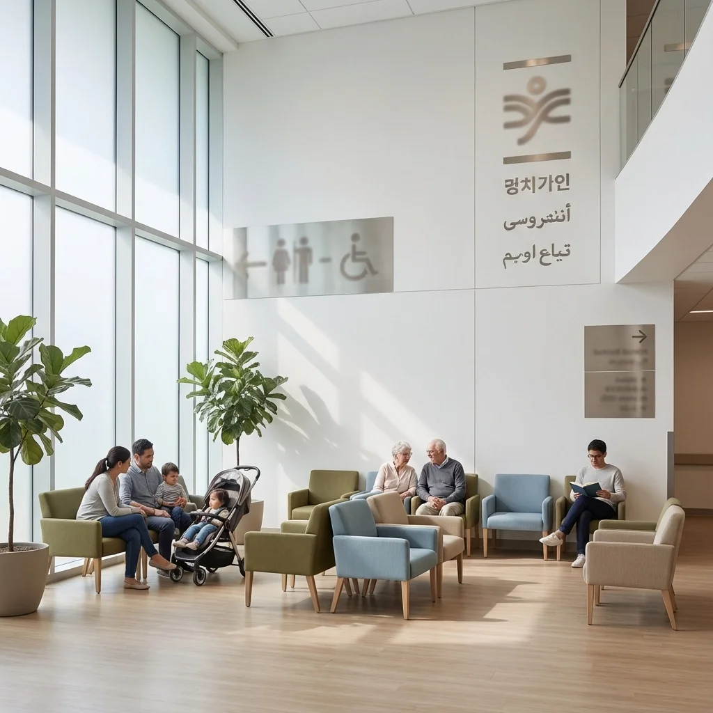Multilingual healthcare waiting area with patients and families, highlighting the importance of certified medical translation services for compliant patient communication in Illinois.