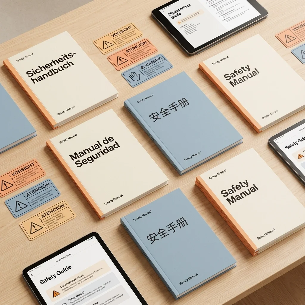 Multilingual workplace safety manuals and warning labels displayed in multiple languages, supporting multilingual workplace safety programs in Southwest Indiana