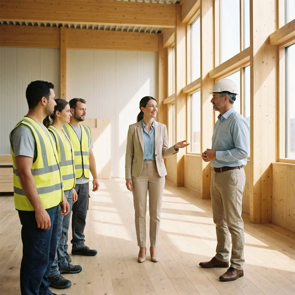 Safety manager speaking with a diverse team of workers at a job site, supporting multilingual workplace safety communication in Southwest Indiana