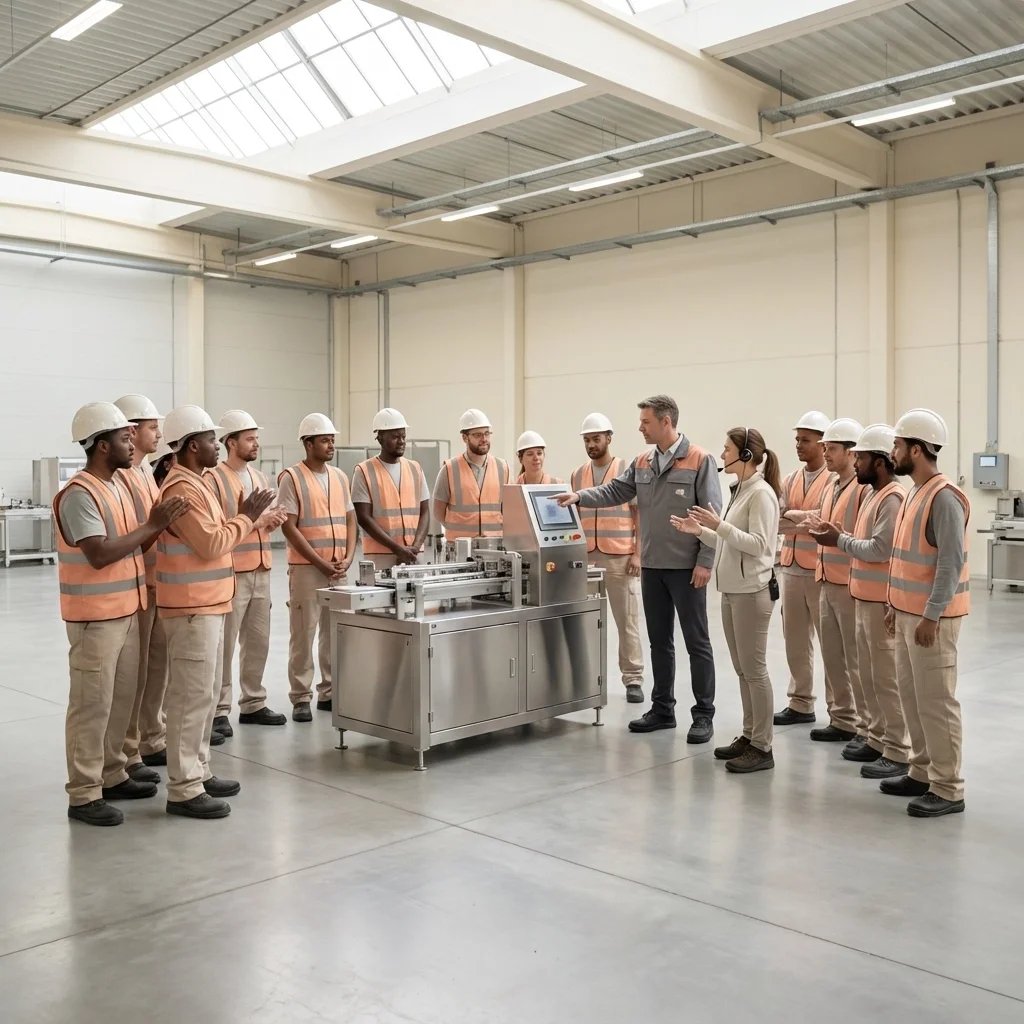 Factory safety training session with multilingual workers receiving instructions through professional interpreting services, ensuring clear communication and workplace safety compliance.