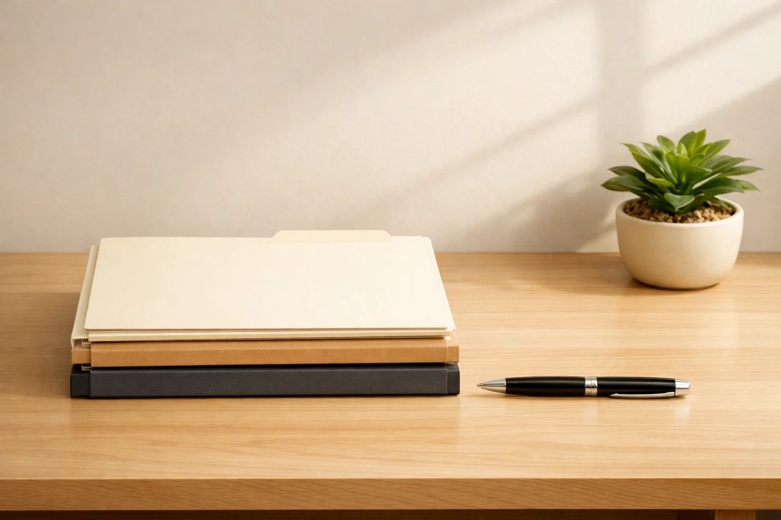 Stacked document folders on a desk representing translated workplace materials for manufacturing teams.