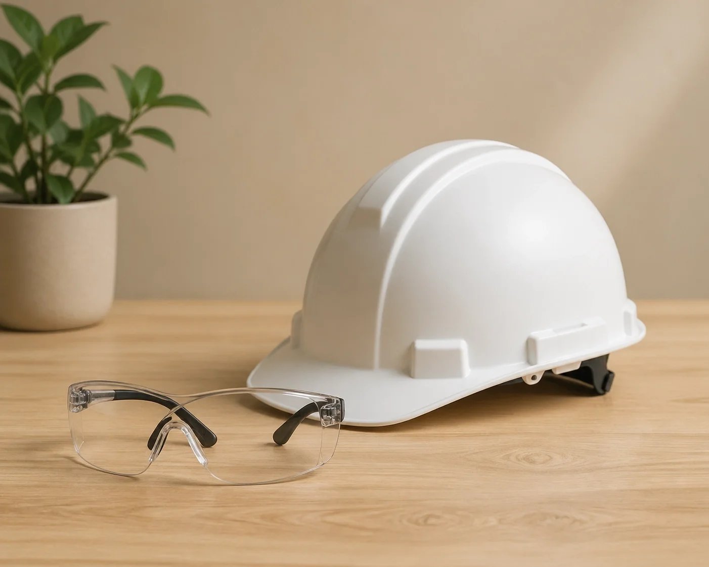 Safety glasses and hard hat representing workplace protection supported by a professional linguist interpreter in manufacturing safety training.