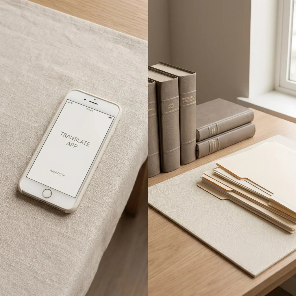 Legal document translation Illinois comparison showing mobile translation app versus professionally translated legal documents on a desk