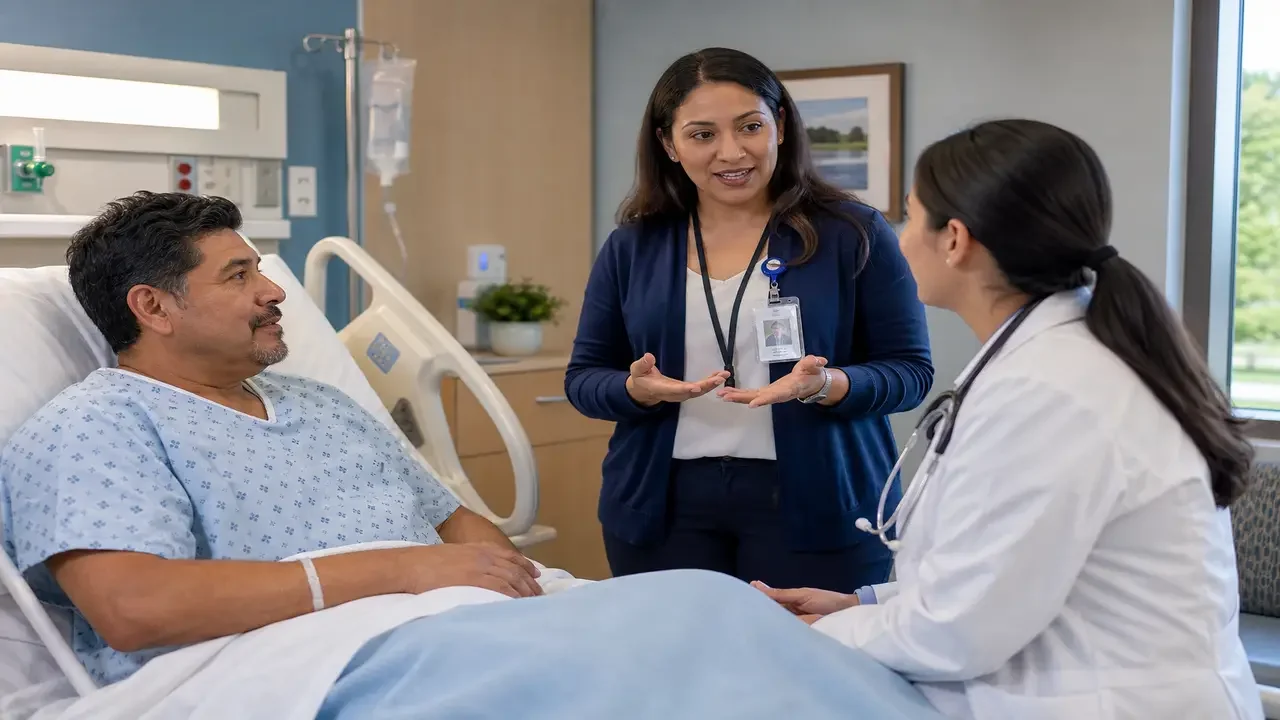 VRI video remote interpreting session with diverse patient and nurse in Indiana hospital room