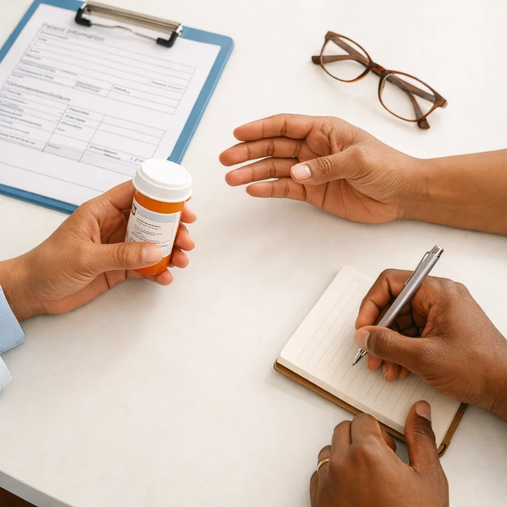 A doctor handing a prescription bottle to a patient who is taking notes, illustrating the critical role of accurate medical interpreting in Evansville for medication adherence and patient understanding.