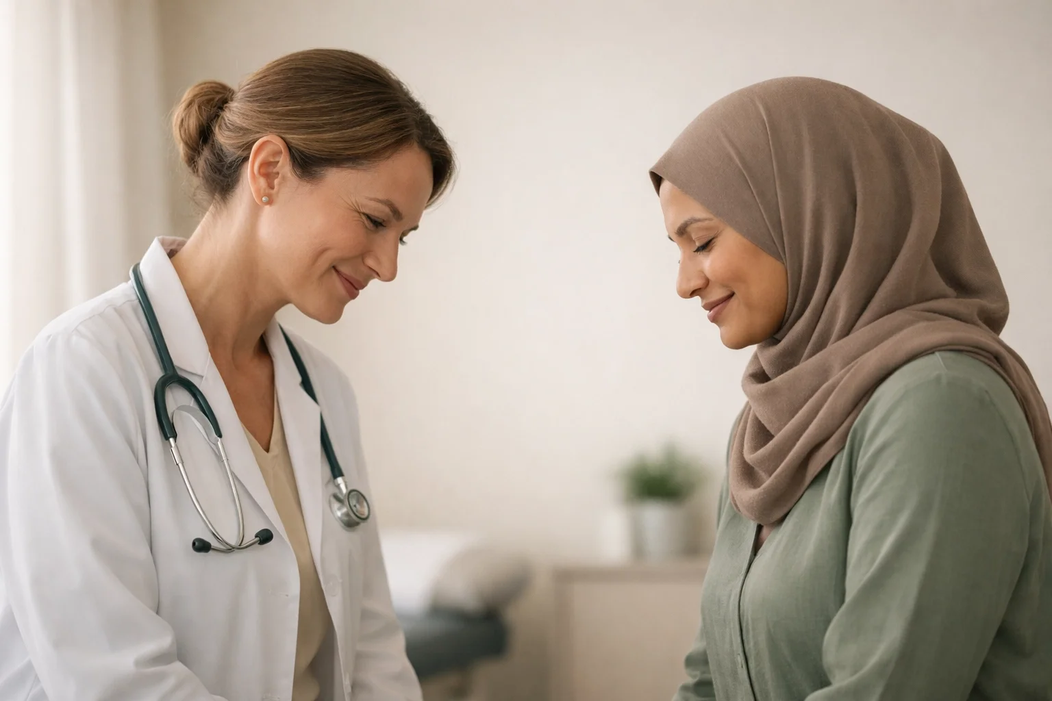 Female doctor sharing a warm moment with a Muslim patient, reflecting culturally inclusive medical interpretation services in healthcare