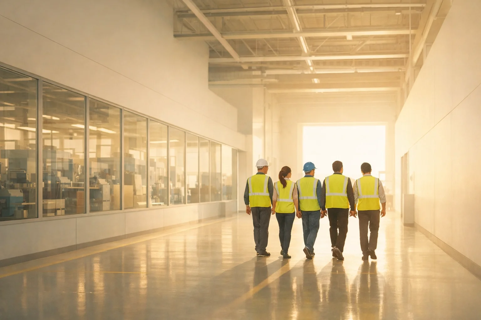 Diverse manufacturing team in safety vests walking through a facility, reflecting workplace translation in manufacturing supporting multilingual workforce collaboration.