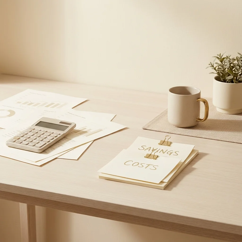 Cost comparison workspace with calculator and documents labeled savings and costs, illustrating the true financial impact of choosing a certified linguist vs bilingual employees for professional communication.