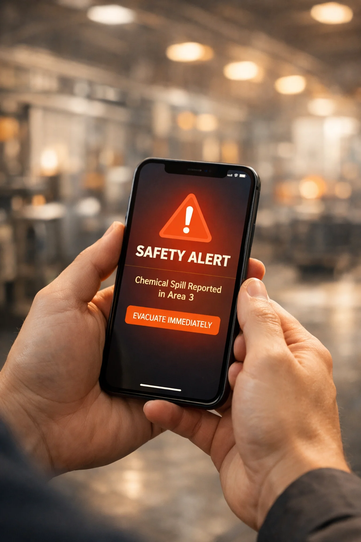 Worker holding smartphone displaying emergency safety alert for chemical spill evacuation in a manufacturing plant, highlighting the need for accurate OSHA safety translation.