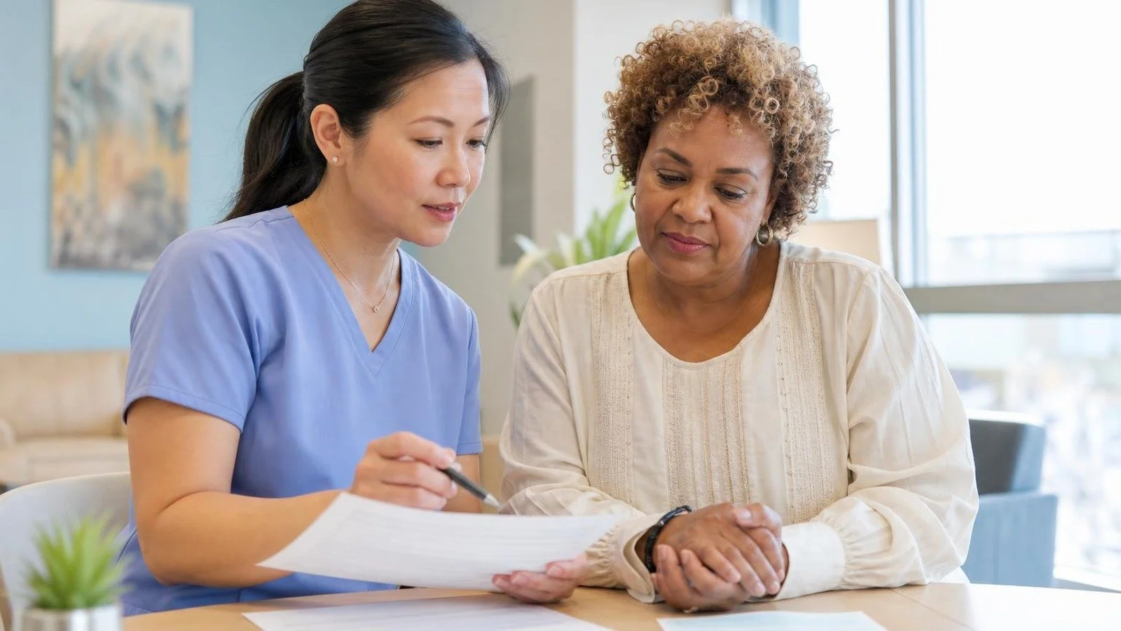 Healthcare professional reviewing translated consent and follow-up materials with a multilingual patient at a clinic table