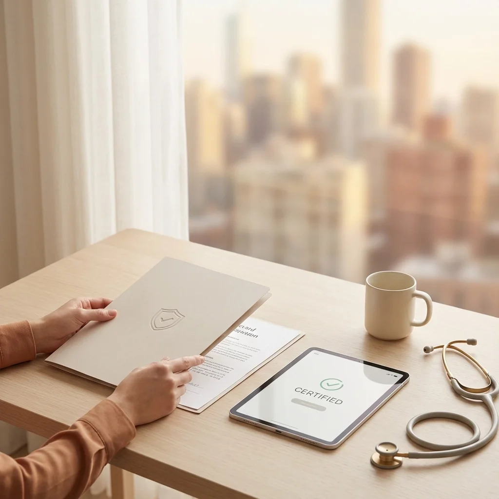 Certified medical translation documents reviewed at a professional workspace, highlighting compliant healthcare language services in Illinois.