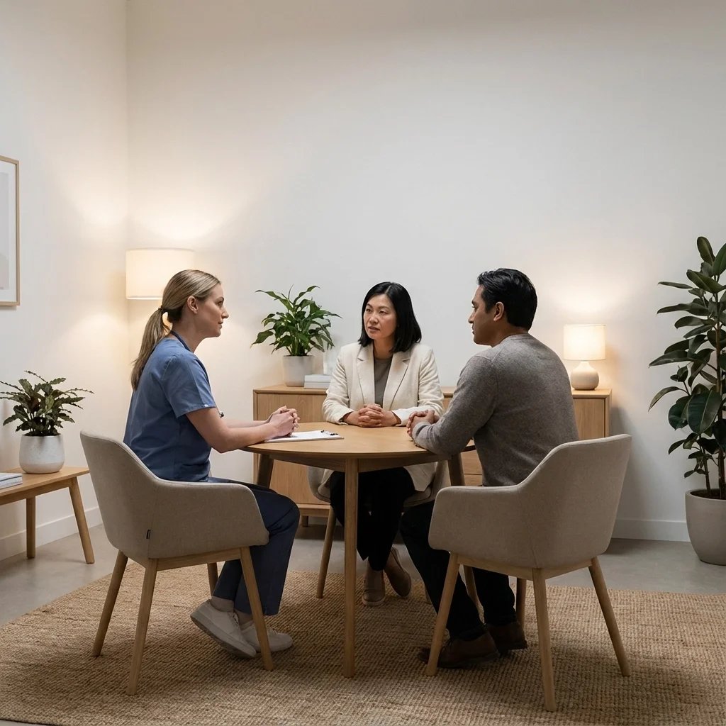 Certified linguist facilitating a professional interpretation session between healthcare and legal stakeholders, illustrating the importance of certified linguist vs bilingual employees for accurate and compliant communication.