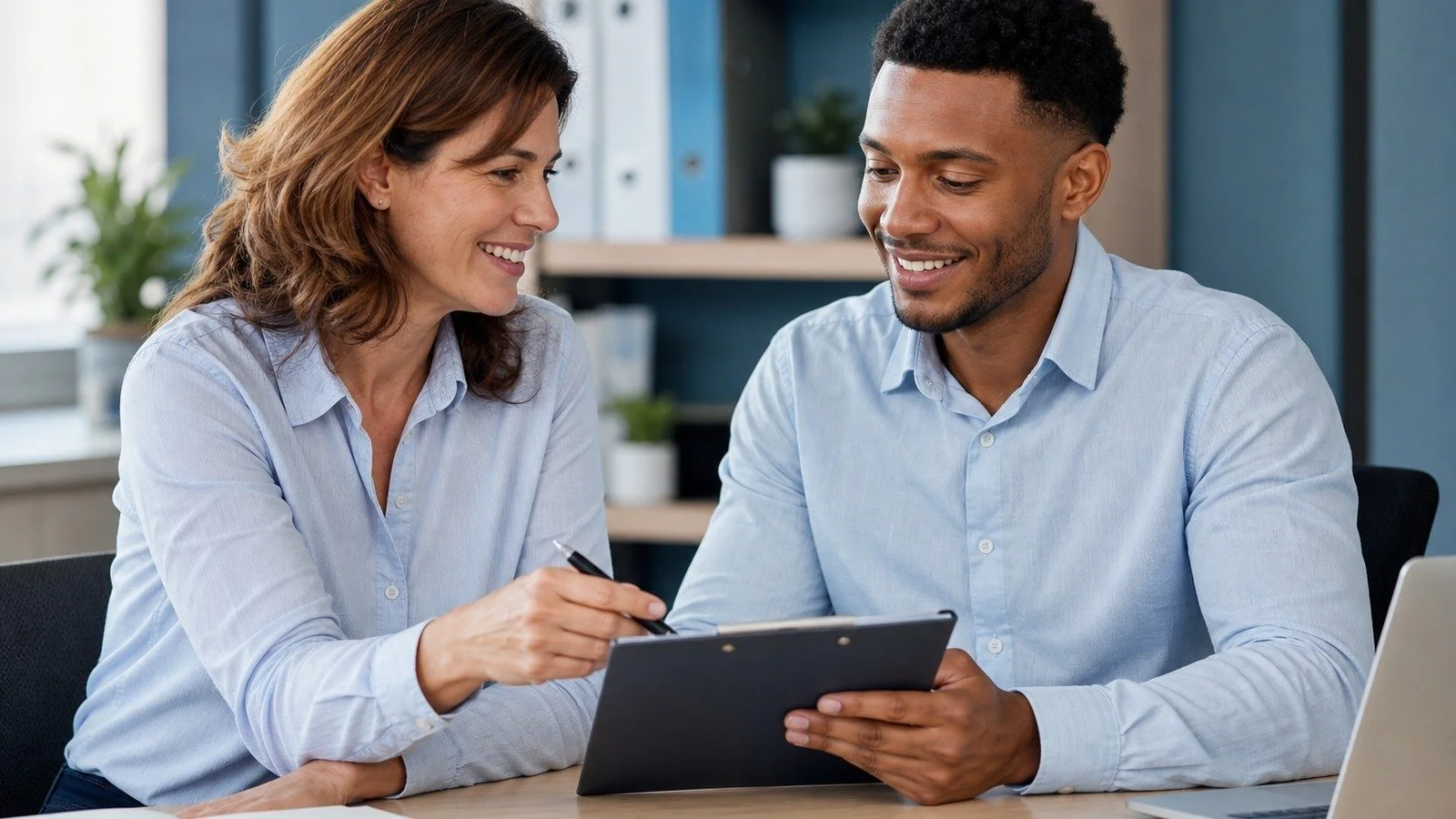 Two coworkers reviewing a clipboard together at a desk.​