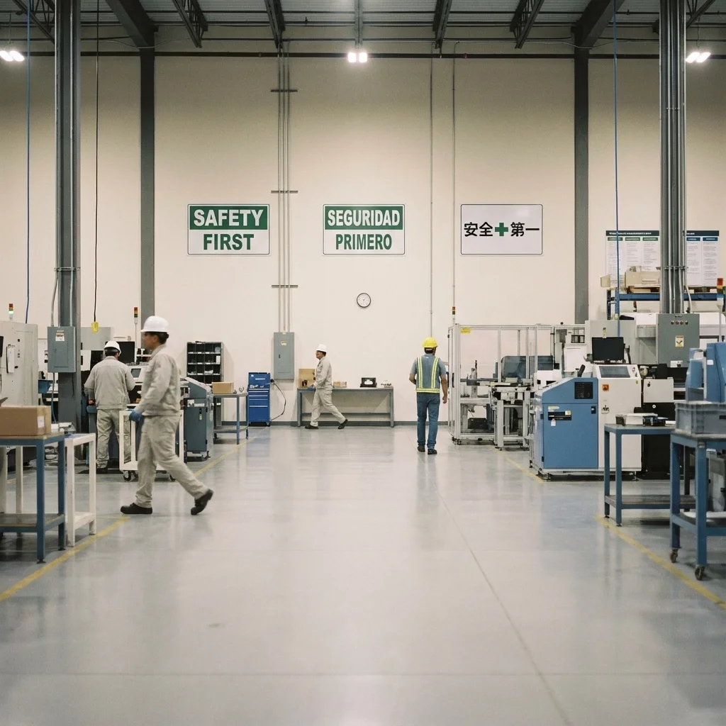 Manufacturing facility with multilingual safety signage and workers on the production floor, highlighting how language barriers impact safety communication in Kentucky manufacturing environments.