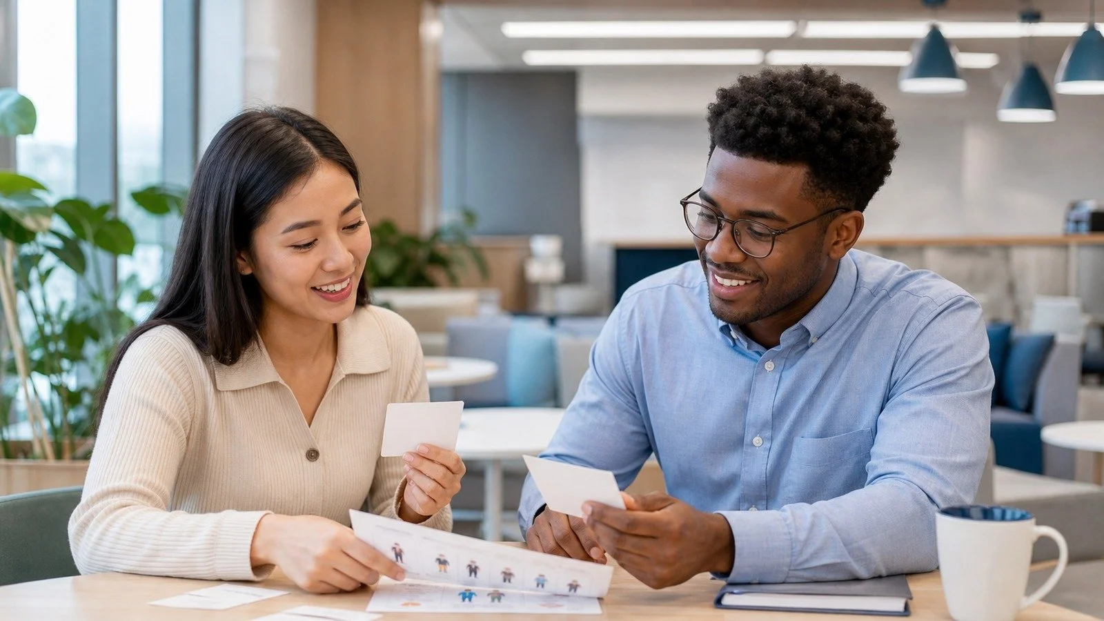 Two coworkers reviewing illustrated vocabulary cards and a worksheet at a table.​