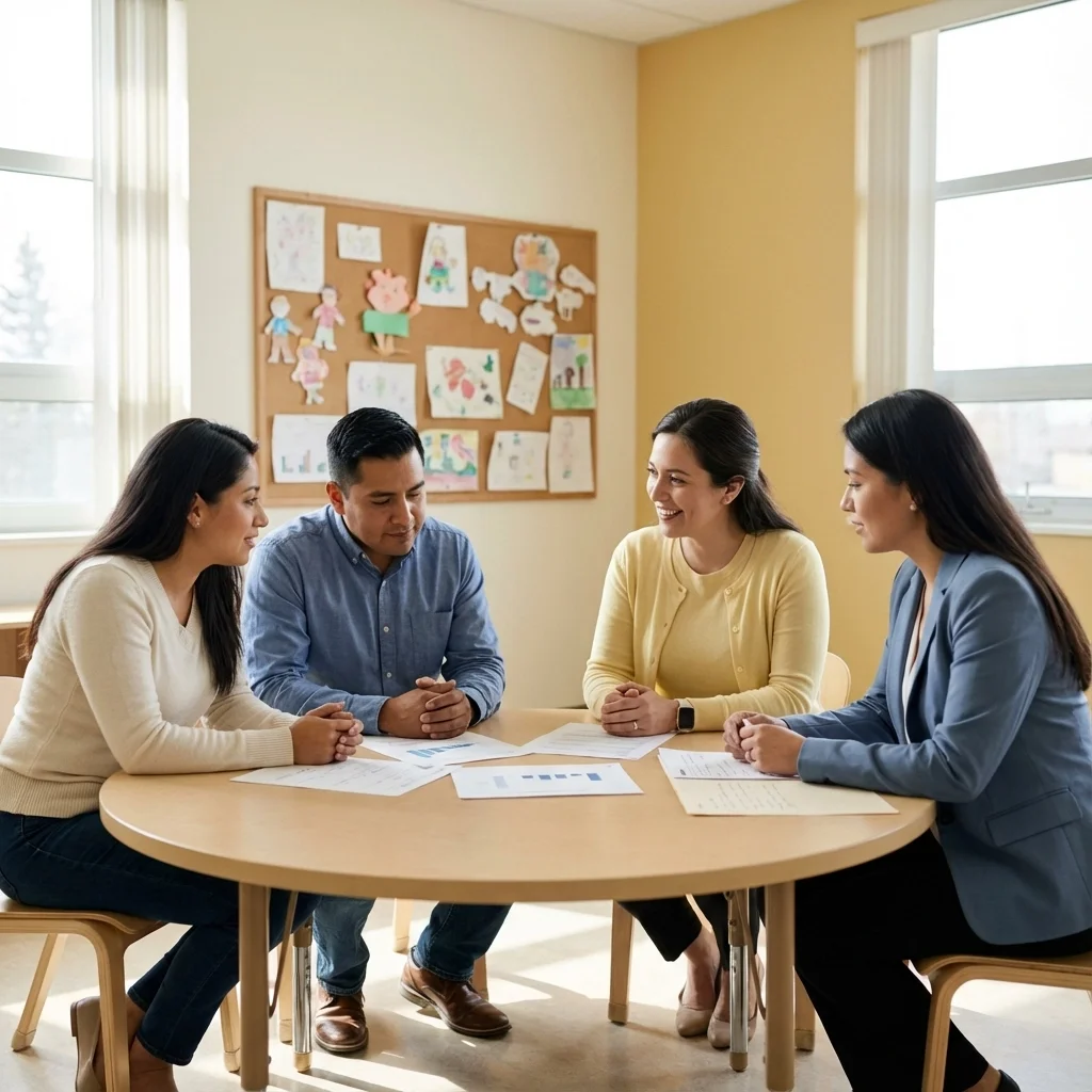 Community meeting with families and service providers discussing language support options, highlighting how to book professional interpreting services locally for clear and inclusive communication.