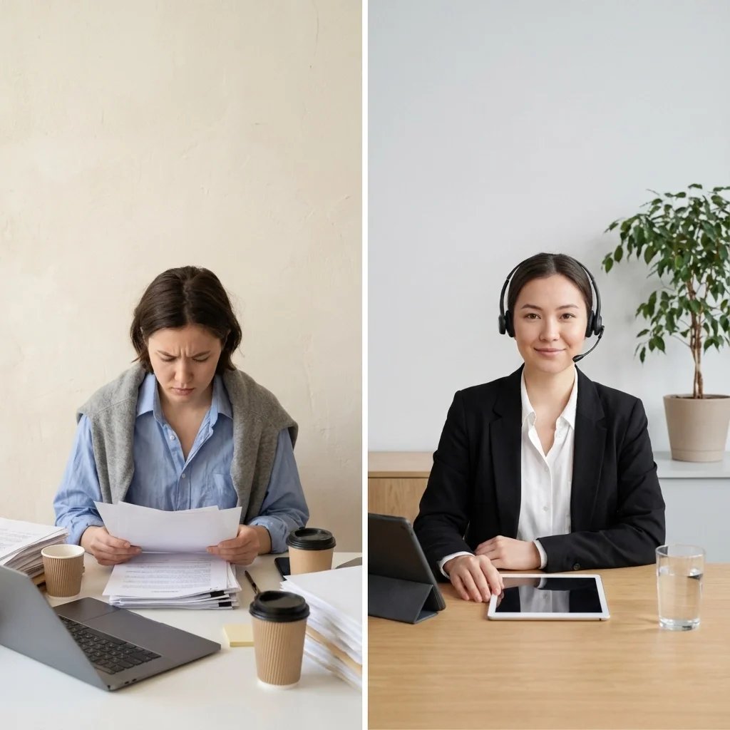 Side-by-side comparison showing a stressed bilingual employee reviewing documents versus a certified linguist providing professional interpretation services, highlighting certified linguist vs bilingual employees in workplace communication.