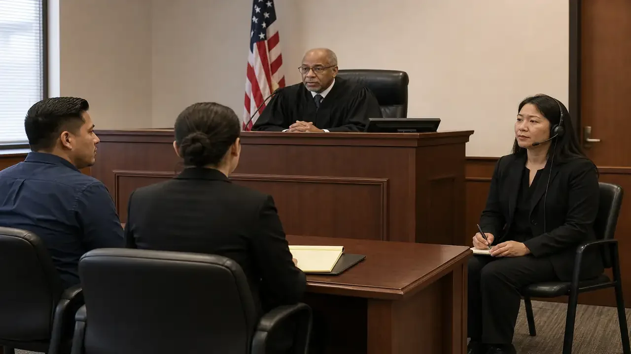 Certified interpreter facilitating communication in an immigration court hearing in Indiana