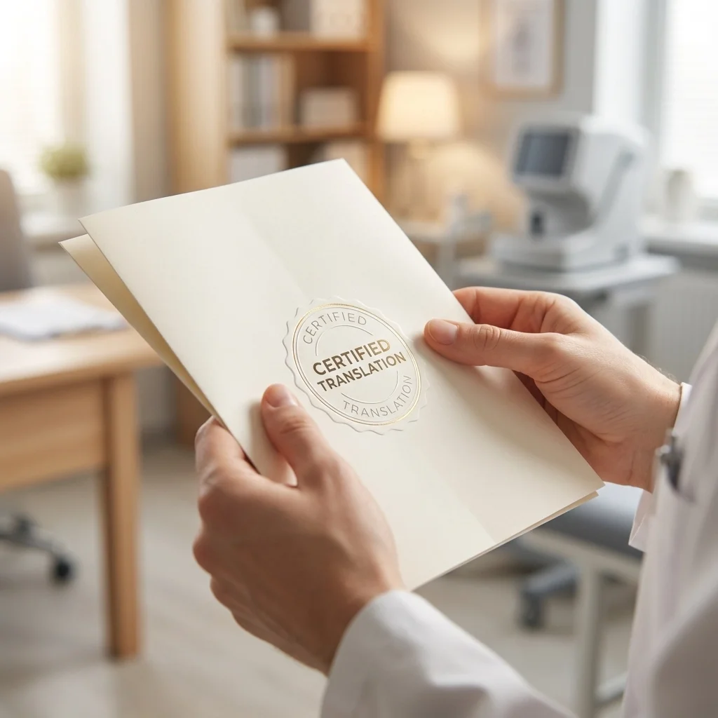 Certified medical translation document held by healthcare professional in a clinical setting, representing compliant certified medical translation services in Illinois.