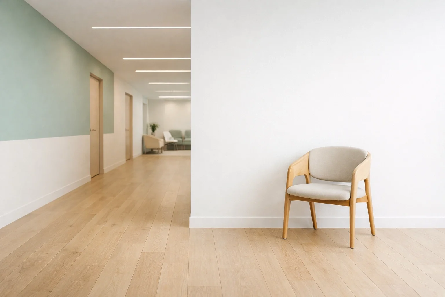 Calm and welcoming healthcare clinic hallway and waiting area where professional medical interpretation services support every patient