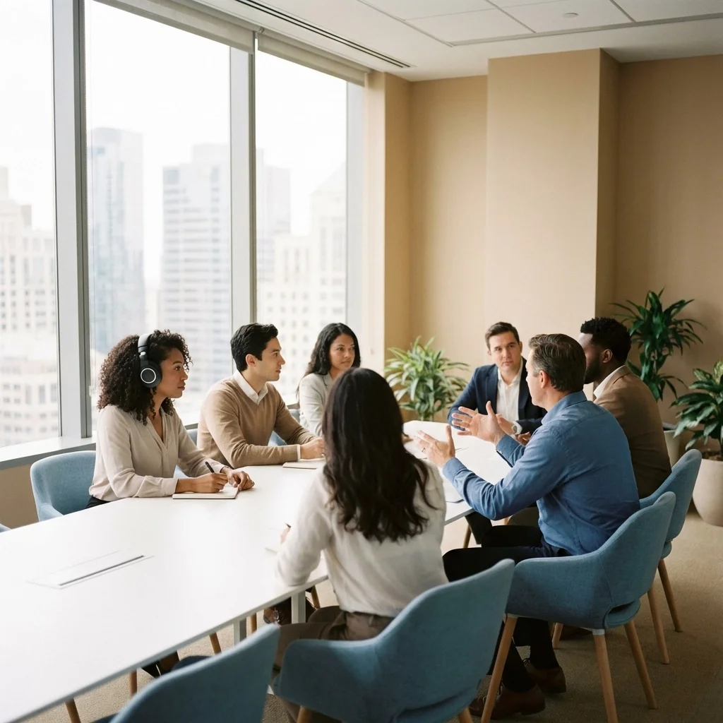 Business professionals in a multilingual meeting with interpretation support, demonstrating real-world use cases of spoken vs. written language services in corporate environments.