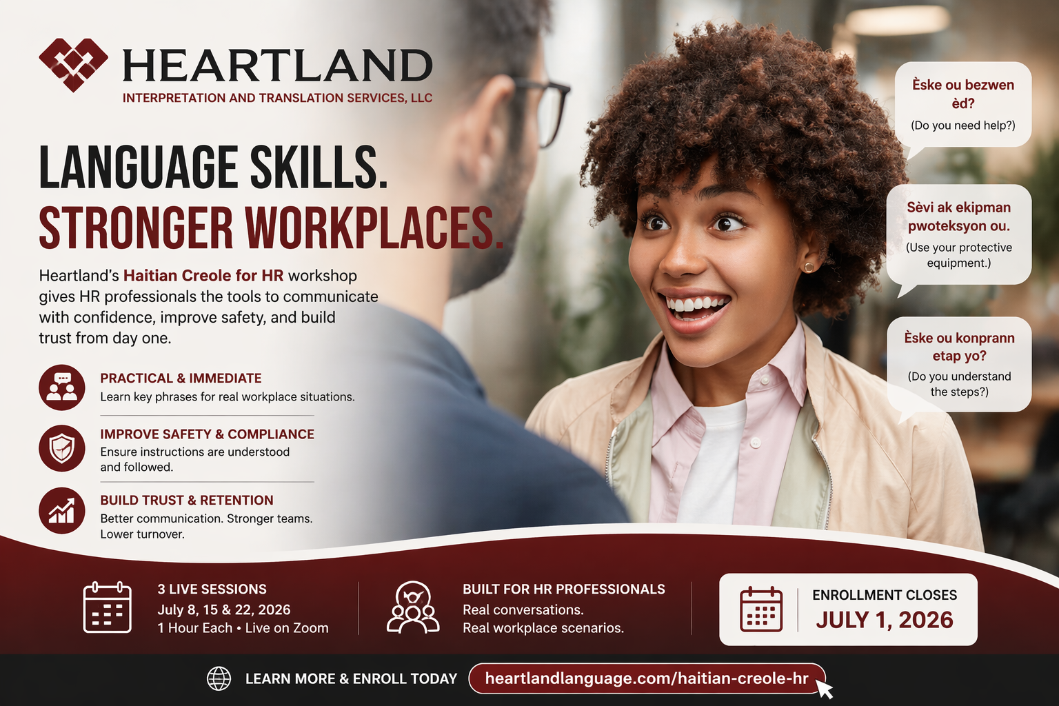 Heartland workshop teaching workplace safety Haitian Creole employees communication for HR professionals.