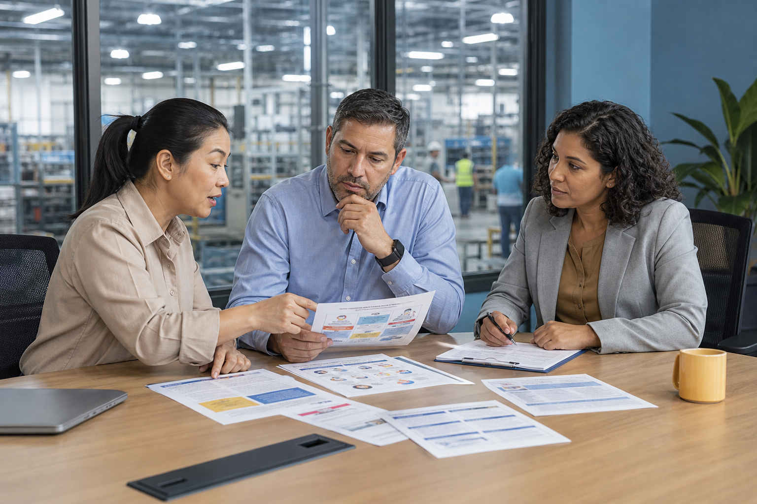 HR and operations leaders reviewing translated manufacturing safety materials with an interpreter