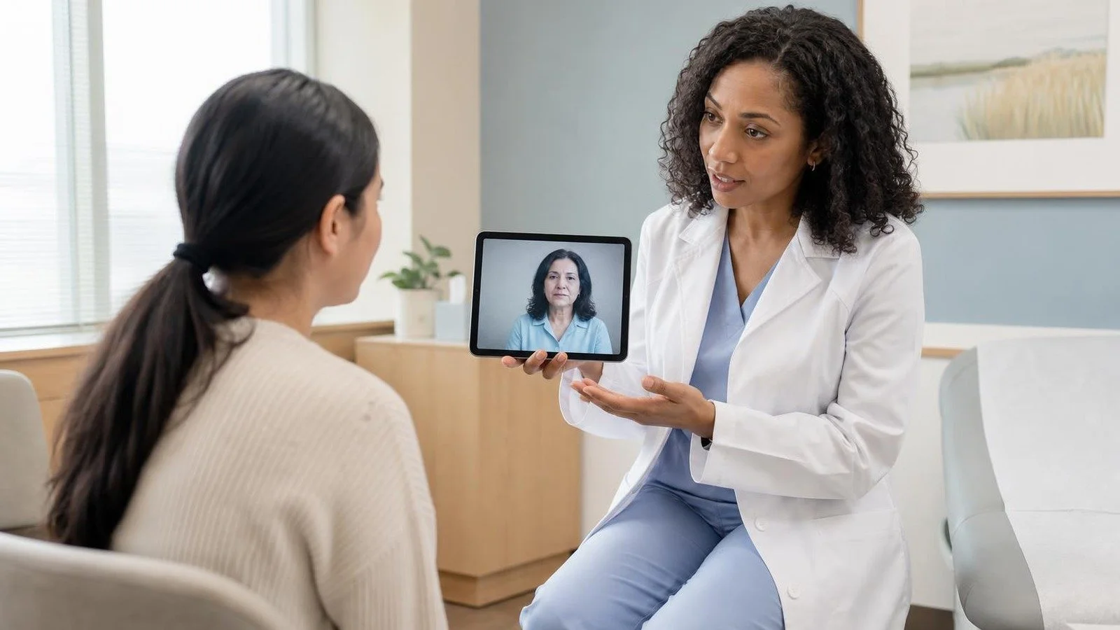 Clinician speaking directly with a patient while a qualified medical interpreter joins a private consent conversation by video
