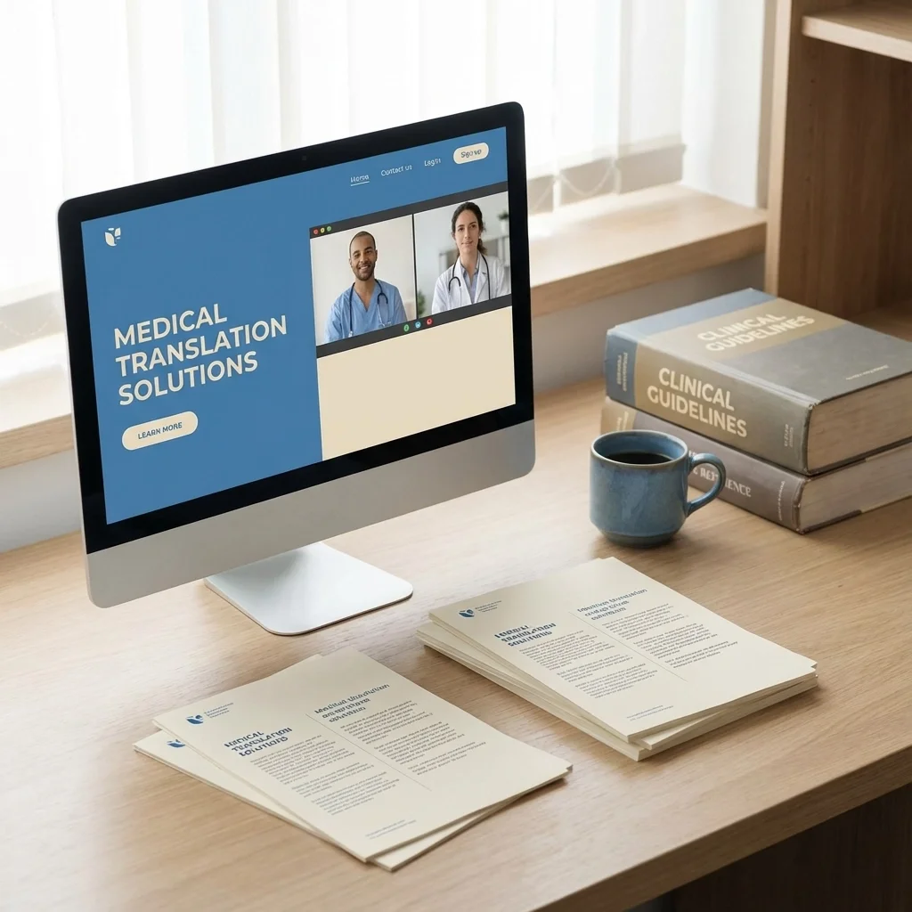 Medical translation solutions displayed on a computer screen with healthcare professionals and clinical documents, representing certified medical document translation services in Illinois
