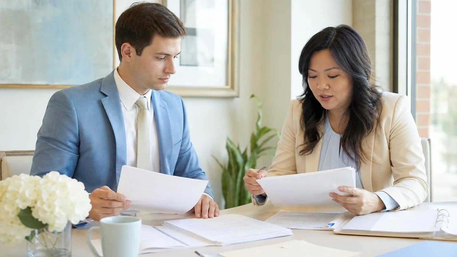 Attorney and language professional organizing multilingual legal documents for careful translation and case intake review