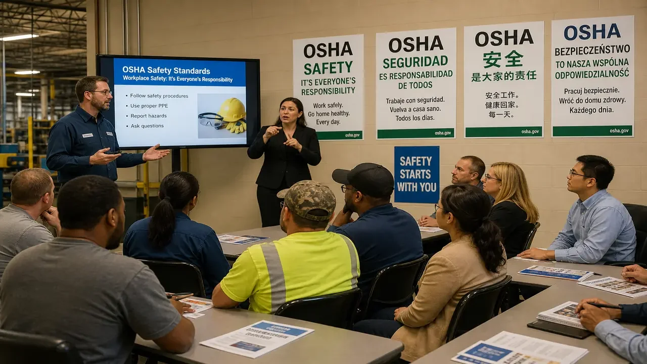 Multilingual safety training session with professional interpreter in an Indiana manufacturing facility