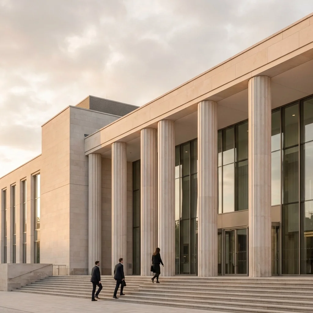 Legal document translation Illinois representing courthouse exterior with professionals entering a government legal building