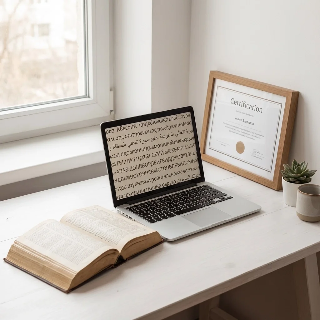 Certified translation quality demonstrated through multilingual text analysis, professional linguist certification, and reference materials