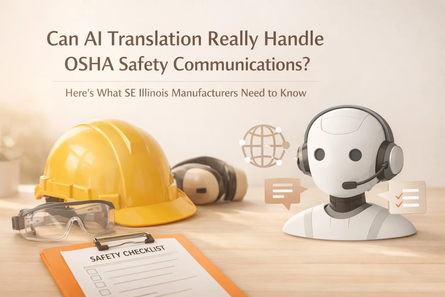 AI robot with headset next to hard hat, safety goggles, and safety checklist representing OSHA safety translation services for SE Illinois manufacturers.