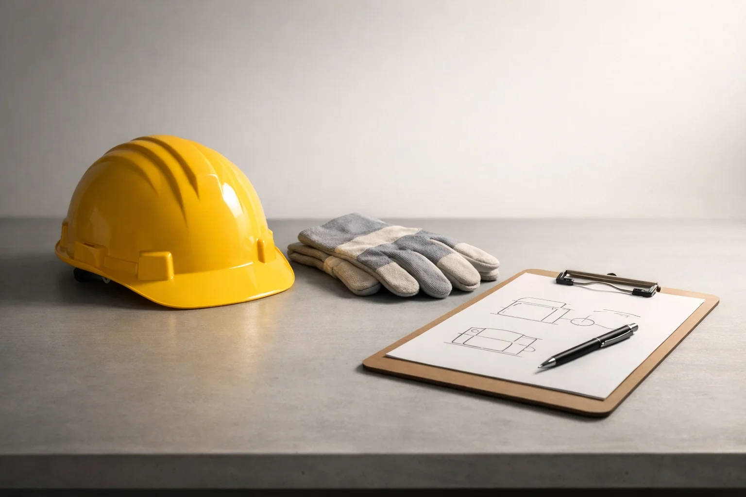 Yellow hard hat, safety gloves, and a clipboard with technical diagrams on a work table, highlighting the safety benefits and Corporate Language Training ROI in manufacturing.