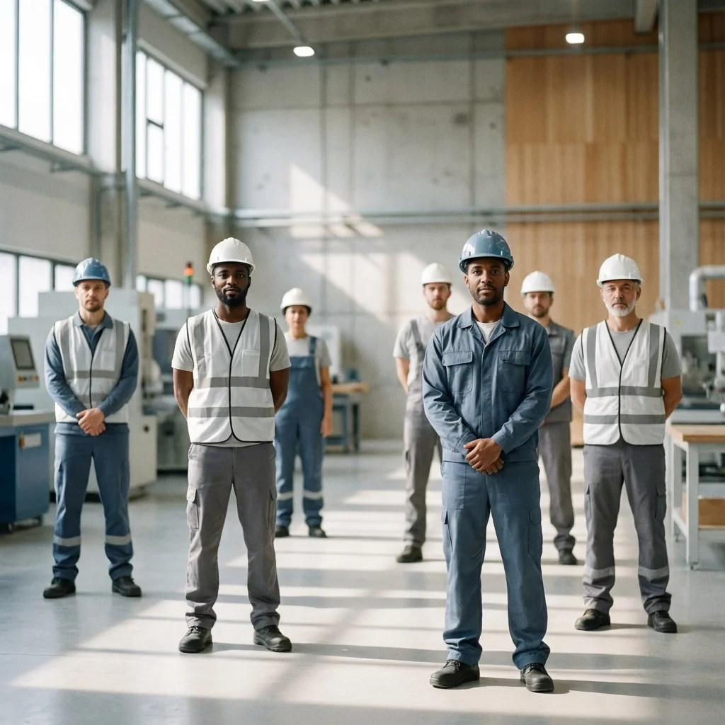 Diverse manufacturing workers standing in a Kentucky factory, illustrating how language barriers impact safety, training, and productivity in Kentucky manufacturing environments.