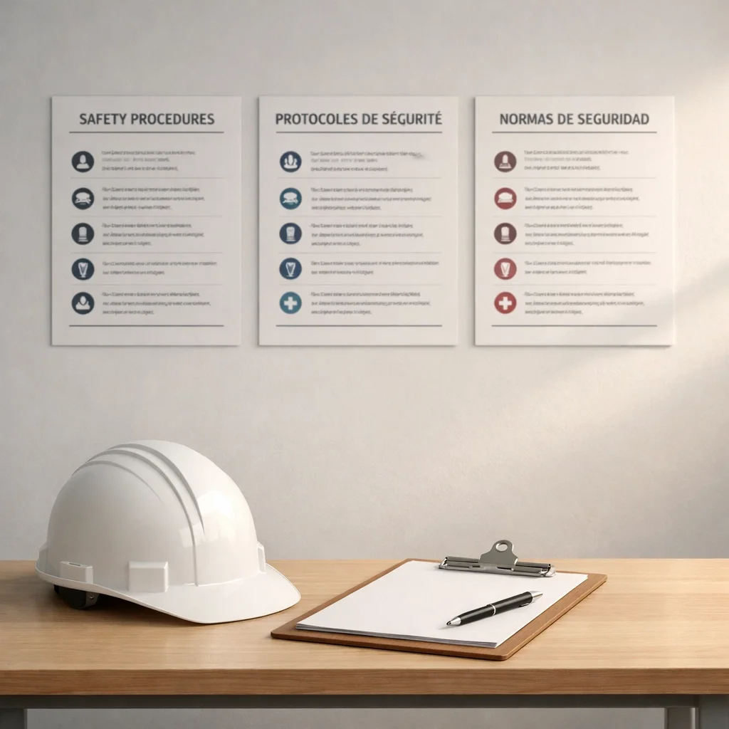 Multilingual OSHA safety procedure posters in English, French, and Spanish mounted on a workplace wall above a hard hat and clipboard.