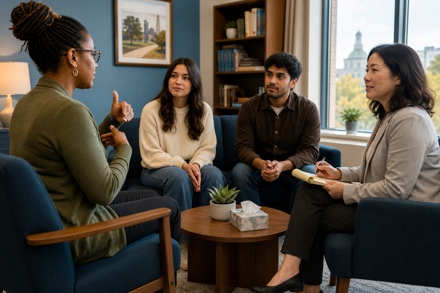 Certified interpreter assisting a patient during a mental health consultation in an Indiana clinic