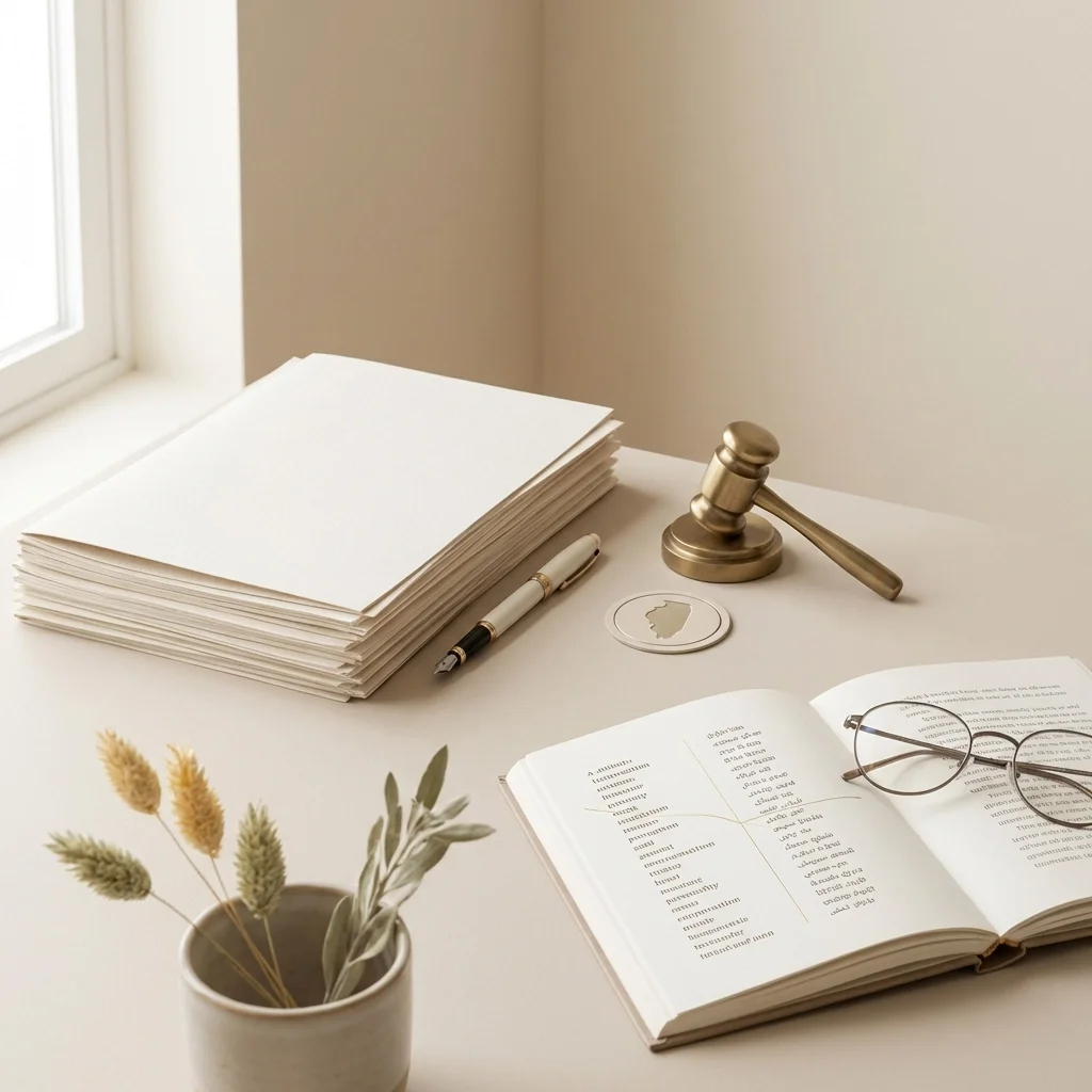 Legal document translation Illinois workspace with official paperwork, gavel, and open legal reference book on a professional desk