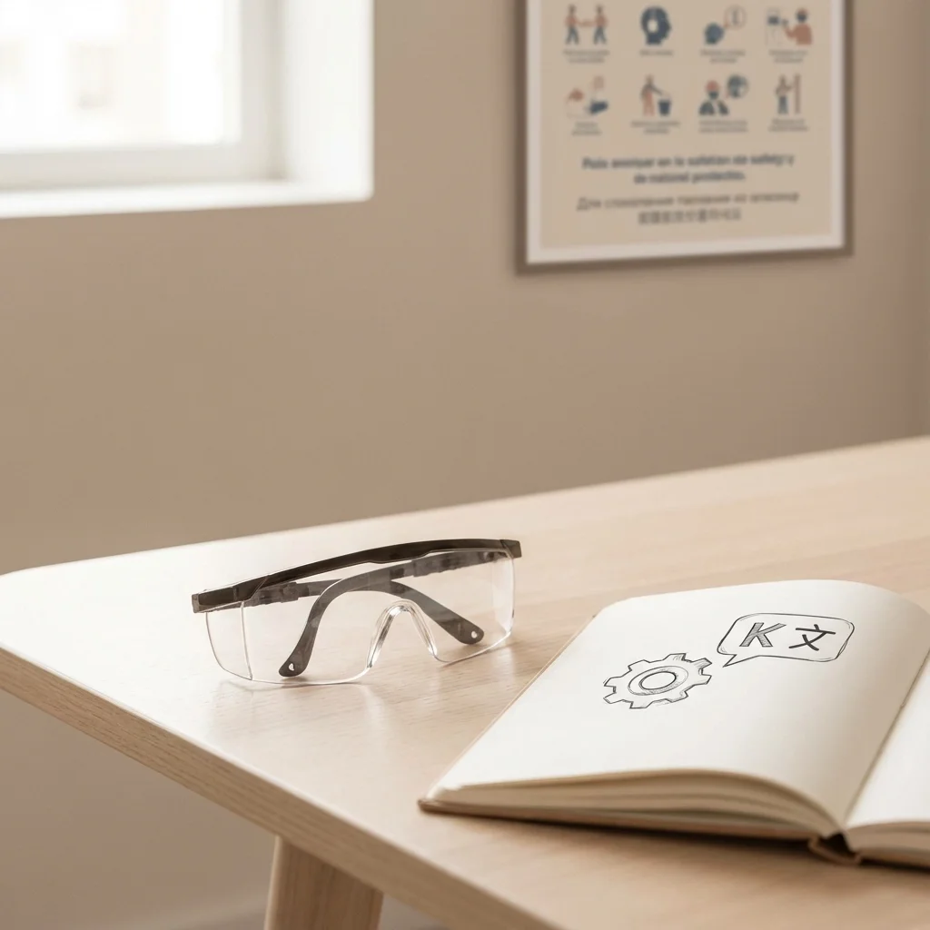 Safety glasses and technical manual on a manufacturing desk, representing language barriers impacting worker training and safety in Kentucky manufacturing facilities.