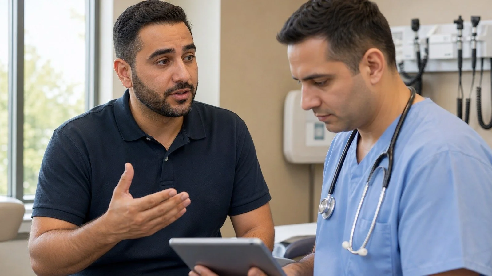 Medical interpreter consulting with physician in a modern Indiana clinic setting